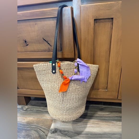 Clare V x Oui Want Soliel Straw Basket Tote with Leather Strap, Metal/Ribbon - Picture 2 of 5
